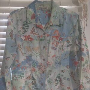 Chico’s Size 3 XL Linen Cotton Sea Life Jacket /Shirt Ocean Fish Crab Mermaid